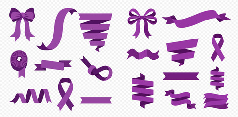 Collection of various purple ribbons and bows for decoration and awareness campaigns.