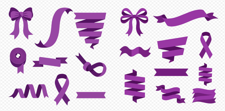 Collection of various purple ribbons and bows for decoration and awareness campaigns.