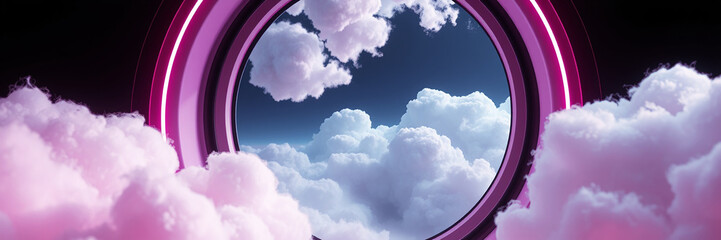 Vibrant complementary colors, fine art photography, warm, slight dark, soft professional shot, Pastel 3D illustration, round window, smooth pink plastic frame, soft reflections, floating above clouds