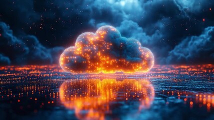 Cloud Computing's Glowing Core: A brilliant digital cloud shimmers with incandescent light above a reflecting surface, against a backdrop of ethereal skies and interconnected data pathways. - Powered by Adobe