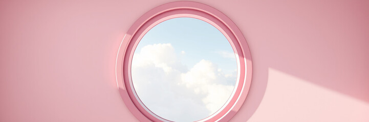Vibrant complementary colors, fine art photography, warm, slight dark, soft professional shot, Pastel 3D illustration, round window, smooth pink plastic frame, soft reflections, floating above clouds