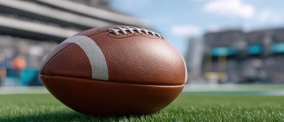 Football on the field ready for play with a packed stadium in the background under a clear blue sky on a sunny day