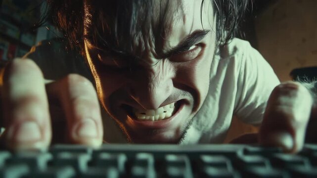 The shows a man with an intense expression and sweat on his face as he types on a computer keyboard. He appears to be in pain or distress, which suggests that the scene might be from a movie