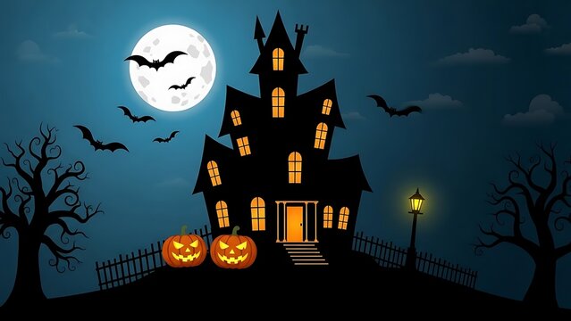 Spooky Halloween Night with Haunted House Silhouettes Bats and Pumpkins Under Full Moon in Dark Blue Sky Halloween Background 150 Characters