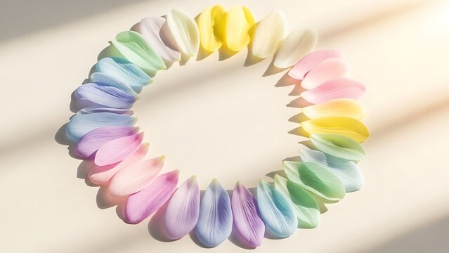 Pastel flower petals circle arrangement in light shades rainbow color wheel as concept design for creative frame with copy space 150 chr