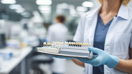 Dental specialist holding dental shade guide with tooth models in modern lab, representing aesthetic restoration, tooth color matching, and dental prosthetics