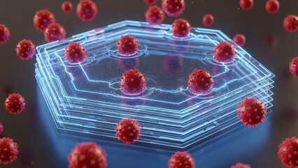 Conceptual illustration of an advanced hexagonal defense mechanism shielding against aggressive viral particles, representing groundbreaking biomedical protection and immunity research