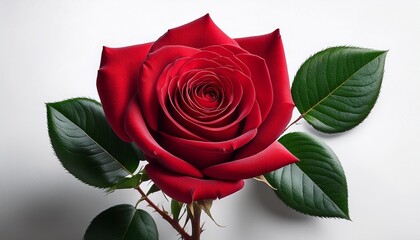 Close Up Of A Vibrant Red Rose Lush Petals Deep Crimson Color And Glossy Texture Green Leaves Accompany The Stem Isolated On White Background