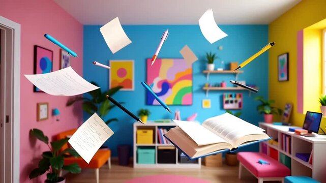 Magical colorful room with flying books papers and pens floating in zero gravity chaos