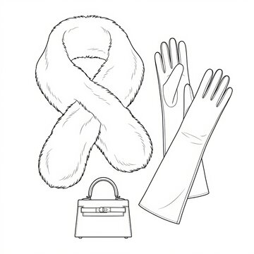 Technical flat lay sketch of fur stole, opera gloves, and mini bag.
