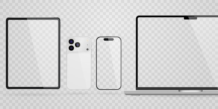 Vector realistic smartphone, laptop, tablet, computer set. Realistic gadget set png. Vector devices with blank empty screen isolated on transparent background.