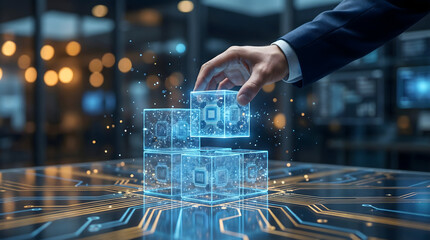 Digital infrastructure concept with hand stacking glowing circuit cubes representing microchips