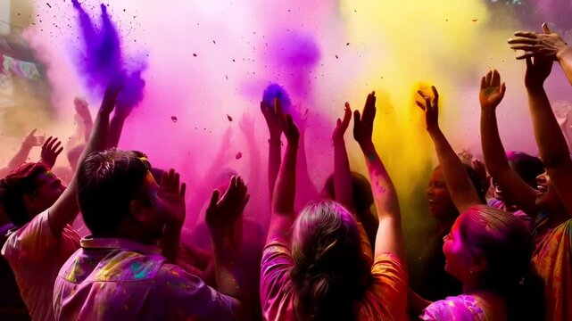 Silhouette of crowd throwing colorful powder during holi festival celebration with hands raised