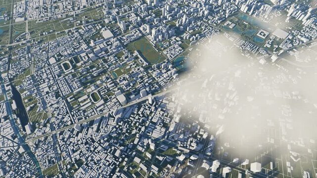 Aerial perspective of a modern model city showcasing an expansive urban layout with buildings, parks, and road networks under diffused daylight.