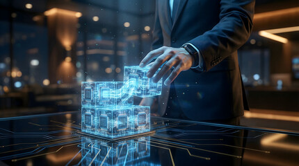 Corporate executive arranging futuristic digital blocks on table symbolizing data organization