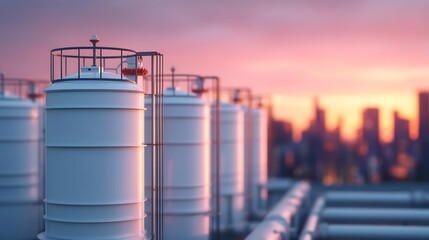 Obraz premium Industrial gas tanks silhouette against a vibrant sunset backdrop, showcasing an urban skyline and conveying a sense of modern industry.