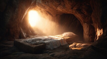 Obraz premium A serene, sunlit cave reveals an empty stone tomb, the focal point of a scene of hope and reflection. Sunbeams stream through the cavern. ..Created with Generative AI, not depicting real subjects.