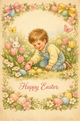 Adorable vintage-style artwork of a small boy kneeling in a spring meadow, happily reaching for decorated eggs amid blossoms, perfect for joyful Easter greeting and nursery designs.