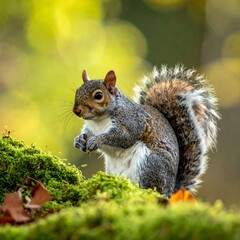 Fototapeta premium Squirrel on moss-covered branch, holding a nut, with soft focus autumn leaves in the background