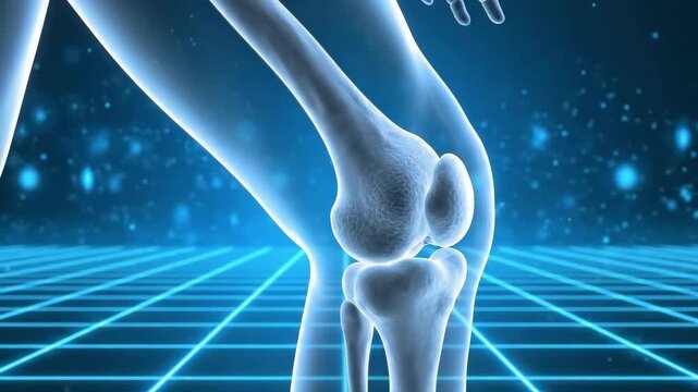 Glowing blue 3d rendering analyzing the human knee joint anatomy, set against an abstract futuristic grid background.