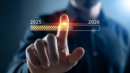 Businessman interacting with a futuristic digital progress bar transitioning from the year 2025 toward the upcoming year 2026 symbolizing forward movement and future planning in a dark technological e