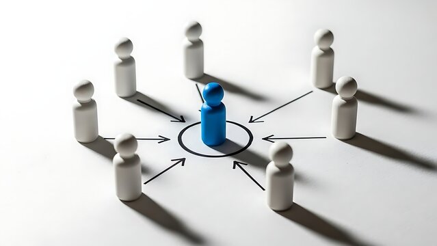 Miniature wooden figures illustrate a crucial concept of focused attention or central leadership where multiple white pawns direct their collective influence inward toward one distinct blue figure enc