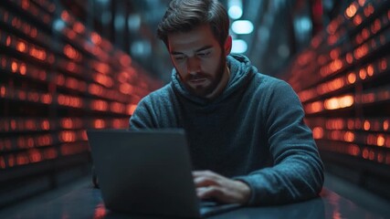 Digital Alchemist at Work: A focused individual engrossed in data processing, his gaze fixed on a modern laptop amidst a futuristic, illuminated server room environment. - Powered by Adobe