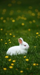 A fluffy white rabbit resting quietly in lush green grass dotted with small yellow wildflowers, ideal as a subtle springtime backdrop image ,backdrop ,background ,field