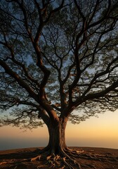 A peaceful, ancient oriental tree with dark, gnarled branches reaching towards the sky, symbolizing longevity and natural beauty ,nature ,aesthetic ,tree