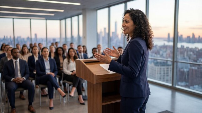 Woman business leader giving presentation at podium in modern office with city skyline, confident professional speaking to diverse audience engaged and attentive