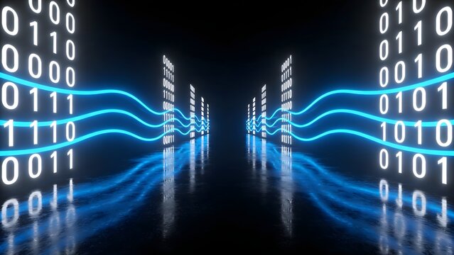 Digital binary data stream in glowing blue tunnel
