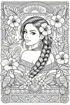 Decorative line illustration featuring a confident woman with a long braid framed by hibiscus flowers, toucans, and intricate borders, perfect for exotic adult coloring designs.