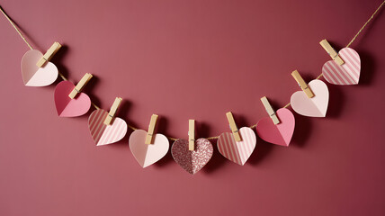 Obraz premium Valentines day hanging heart garland decoration on pink background 