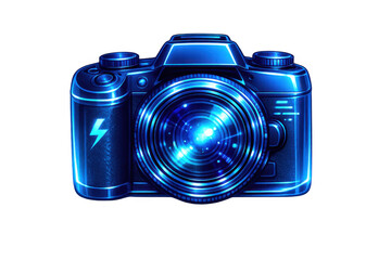 Blue digital camera icon with glowing lens and flash symbol, representing photography technology and media on transparent background