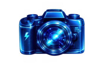 Blue digital camera icon with glowing lens and flash symbol, representing photography technology and media on transparent background