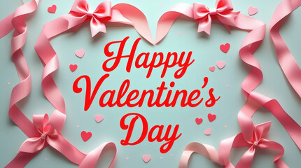 Happy Valentine's Day with romantic pink ribbons forming hearts and small heart confetti