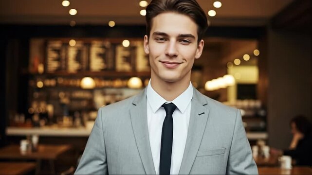 Confident young professional in modern cafe: smiling person adjusting suit