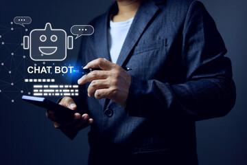 chat bot concept with businessman holding smartphone and using chat assistance to help in communication and connect to customers