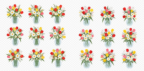 Obraz premium Set of beautiful bouquets with colorful tulips and white daisies in glass vases, isolated on transparent background.