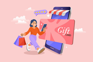 Enhance your marketing campaign with this vibrant online shopping concept featuring a happy woman carrying bags and a large digital gift card representing mobile rewards and loyalty programs.
