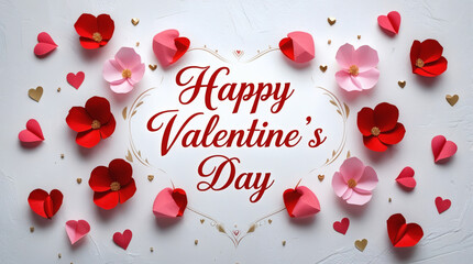 A beautiful Valentine's Day card with a heart-shaped design, decorated with red and pink flowers and hearts, wishing everyone a Happy Valentine's Day