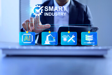 smart industry concept with businessman pointing on gear to operation command on industrial manufacturing innovation technology for high productivity and quality