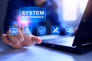 System maintenance concept with staff's hand pointing to update software or fixing bugs to improve performance and adapt changes in hardware as user needs