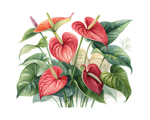 Obraz premium Watercolor Tropical Anthurium, Floral Clipart for Design, Exotic Botanical Vector Isolated on White