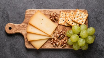 Wooden cutting board with cheese slices green grapes walnuts and crackers on stone surface