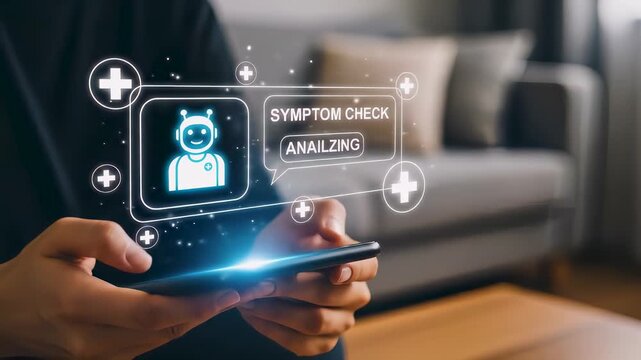 Person using smartphone with AI-powered symptom checker hologram for digital diagnosis, remote healthcare consultation, and smart medical assistant technology at home.