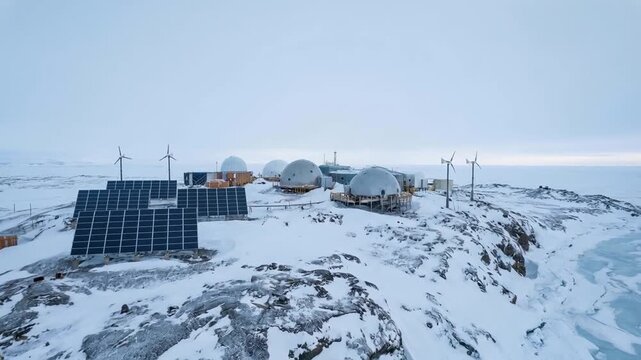 Powerful microgrid renewable energy system powers remote arctic research station, utilizing solar panels and wind turbines for sustainable living
