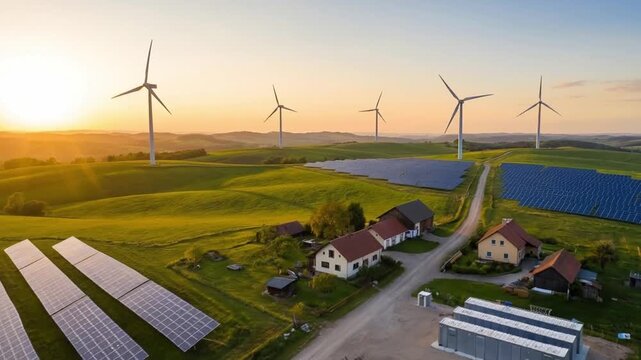 Advanced microgrid renewable system integrates wind turbines, solar panels, generating clean, sustainable energy for communities across vibrant