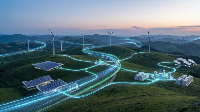Advanced microgrid connects diverse renewable energy sources, shaping sustainable system. Technology powers future with efficient power distribution