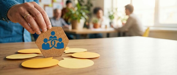 Man placing team icon on table with blurred colleagues in background Concept of teamwork, collaboration, and business strategy